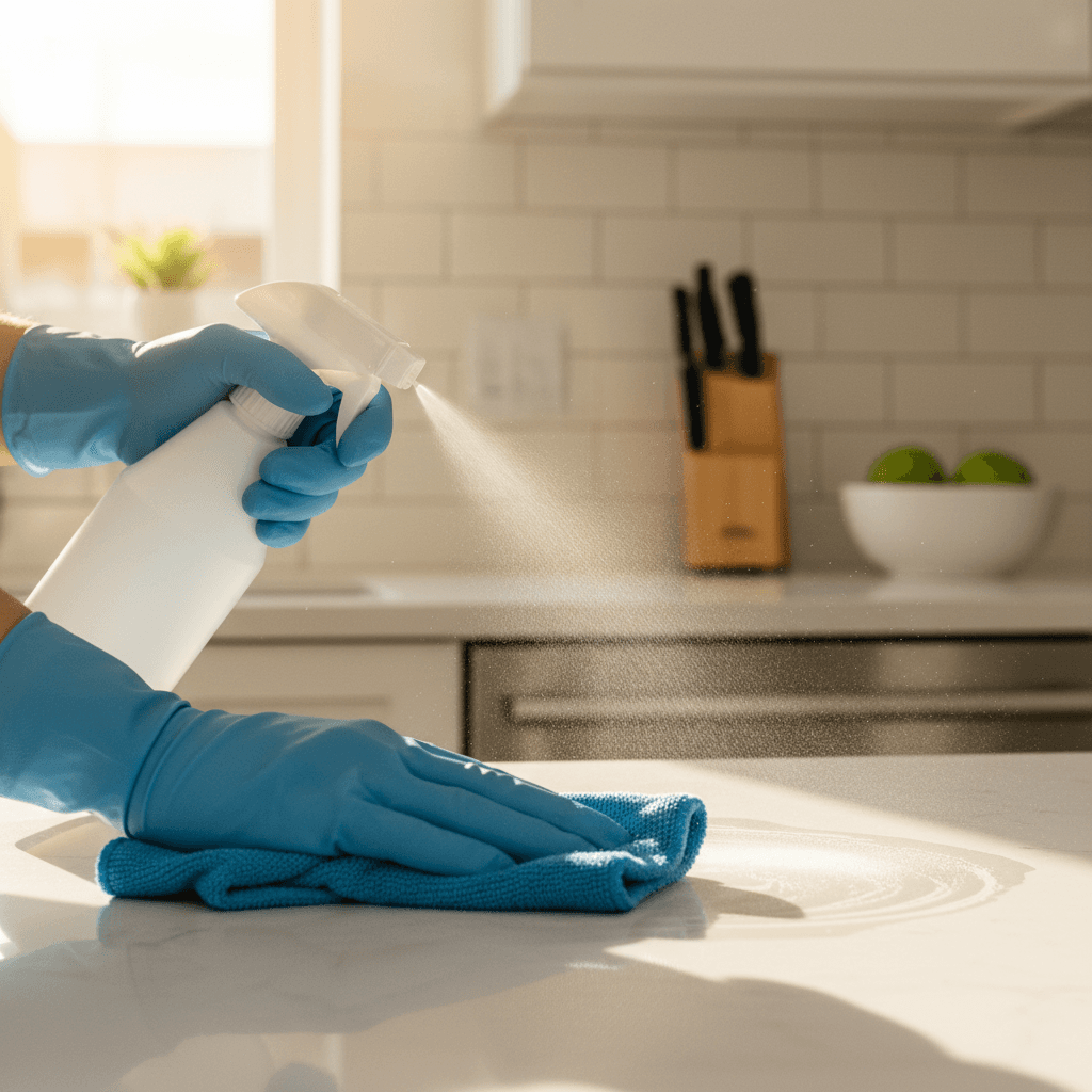 Professional cleaner wiping down a kitchen countertop with precision