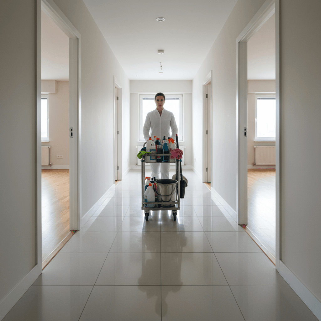 Professional cleaner with equipment in empty residential hallway during move-out cleaning