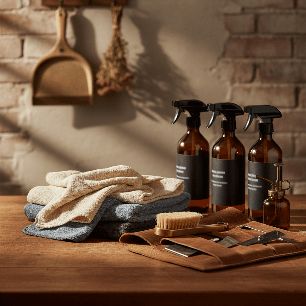 Professional-grade cleaning supplies and tools arranged for service