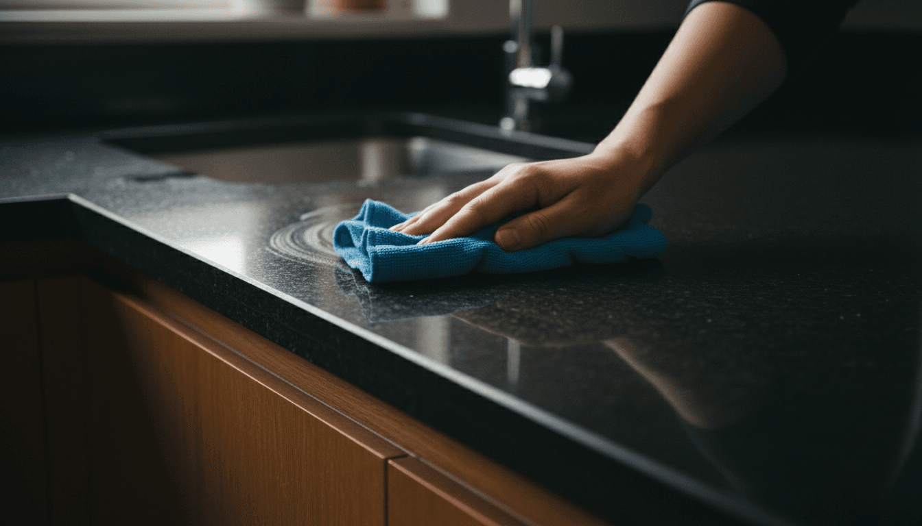 Professional cleaner's hands polishing a clean kitchen countertop