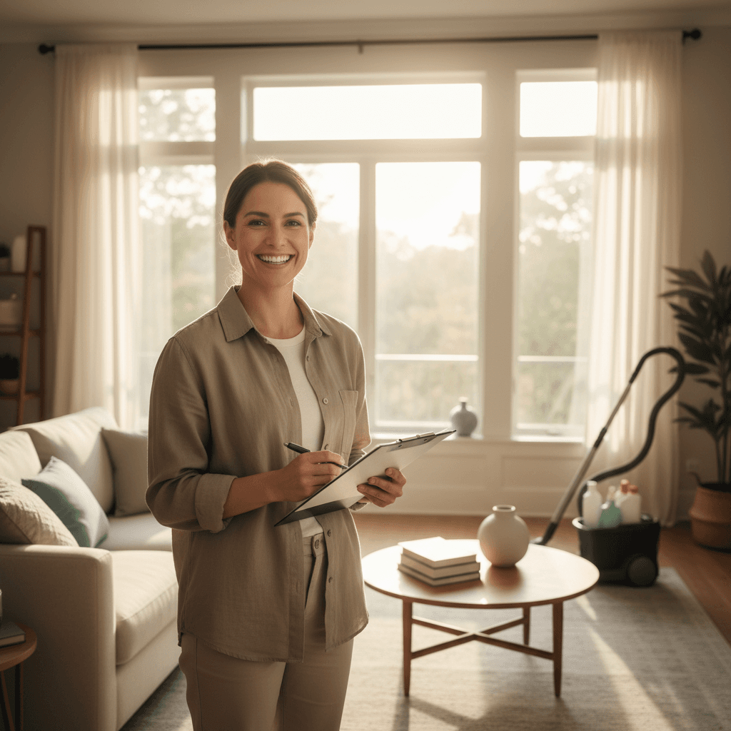Cleaner with clipboard ready to discuss cleaning options with homeowner