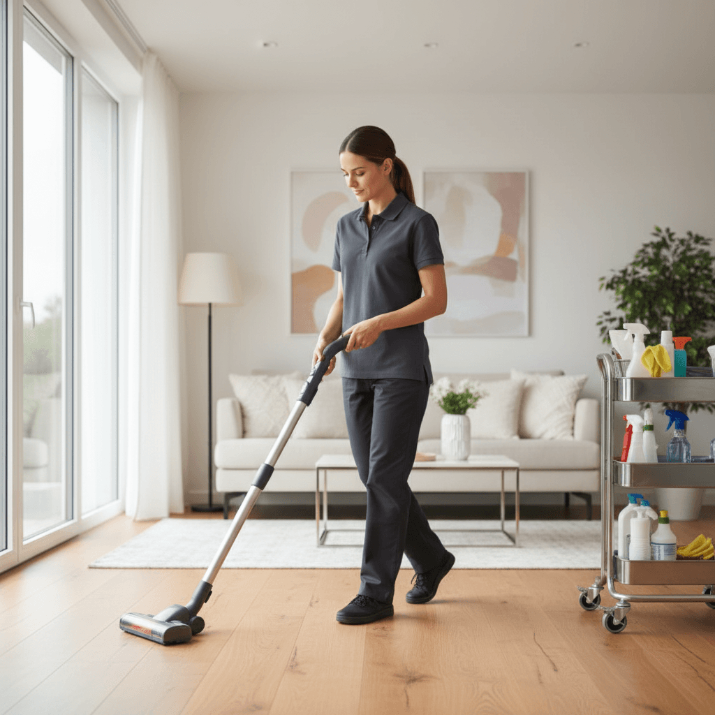 Cleaner performing regular maintenance vacuuming in a residential living room