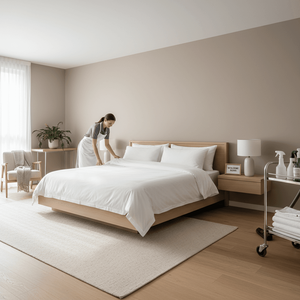 Professional cleaner preparing a guest room with fresh linens for turnover