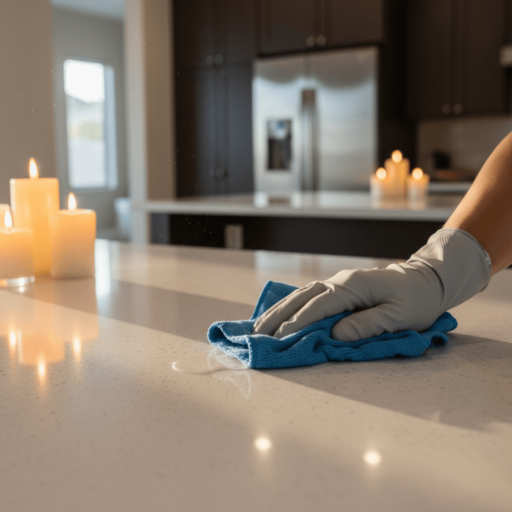 Professional cleaner performing detailed kitchen surface cleaning
