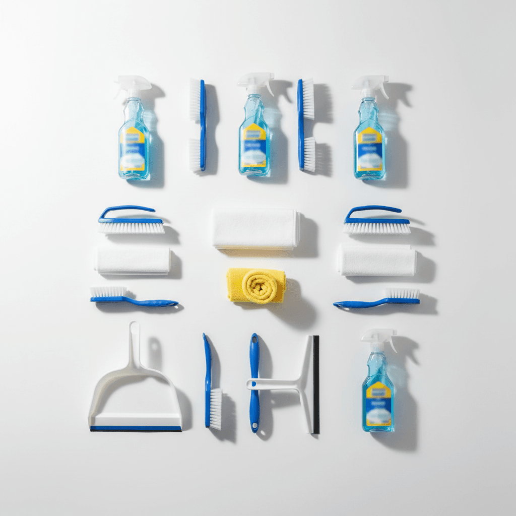 Professional cleaning supplies organized neatly and ready to use