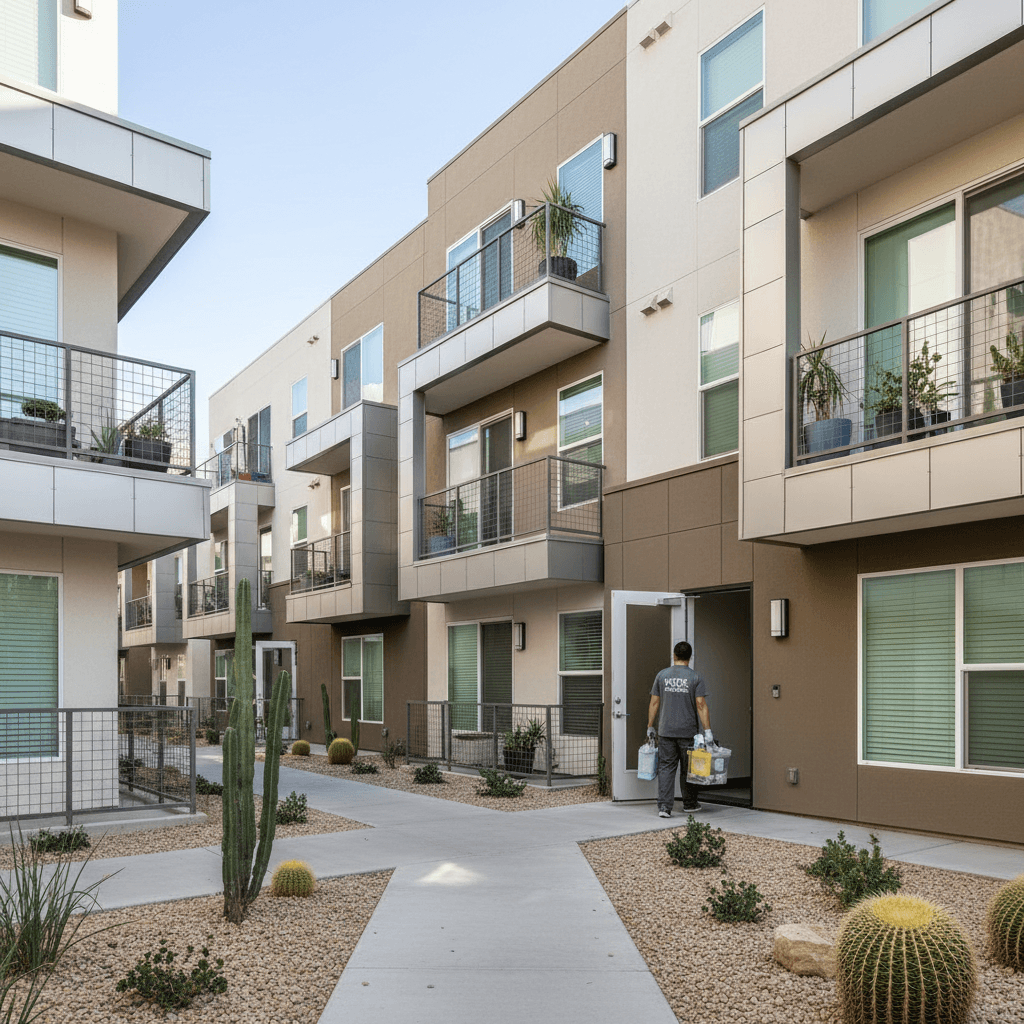 Exterior view of Las Vegas apartment complex with professional cleaner accessing units