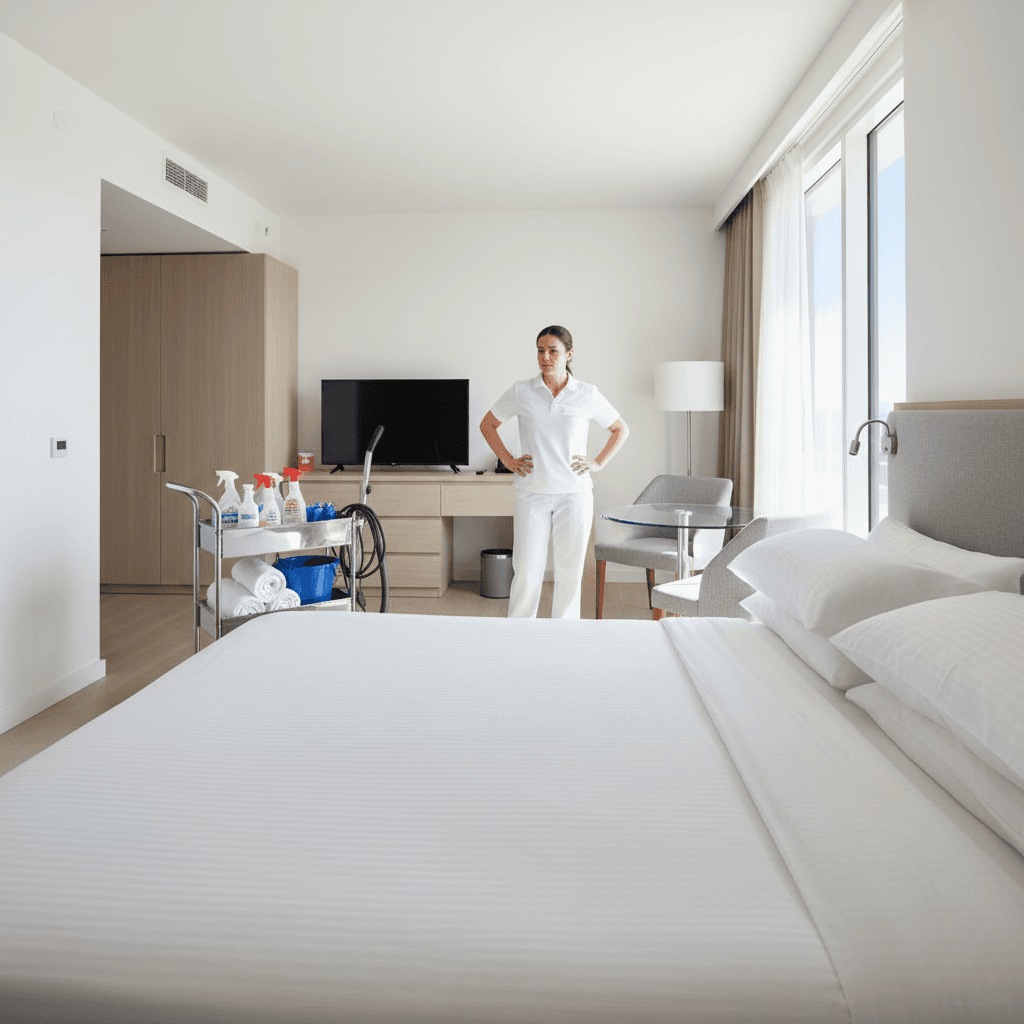 Professional cleaner preparing a timeshare suite with fresh linens and spotless surfaces