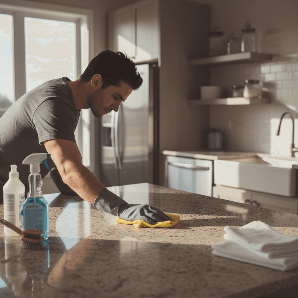 Professional cleaner performing detailed kitchen countertop cleaning