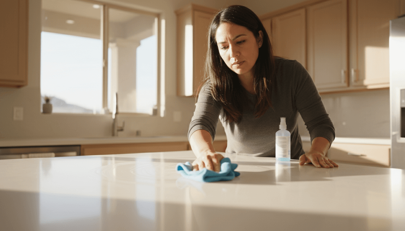 Professional cleaner carefully wiping down kitchen countertop in a Las Vegas home